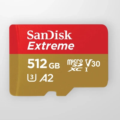 SANDISK Extreme microSDXC 512GB + SD Adapter + 1 year RescuePRO Deluxe up to 190MB/s & 130MB/s Read/Write speeds A2 C10 V30 UHS-I U3
